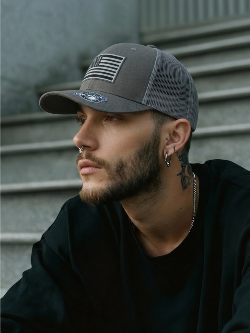 Men’s Gray Trucker Hat with Flag Patch